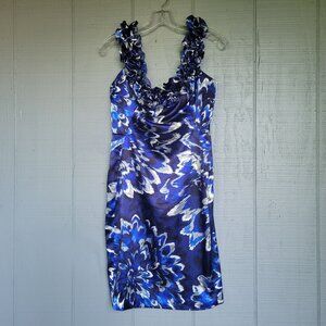 Maggy London Floral Print Ruffle Neckline And Sleeve. Size 4